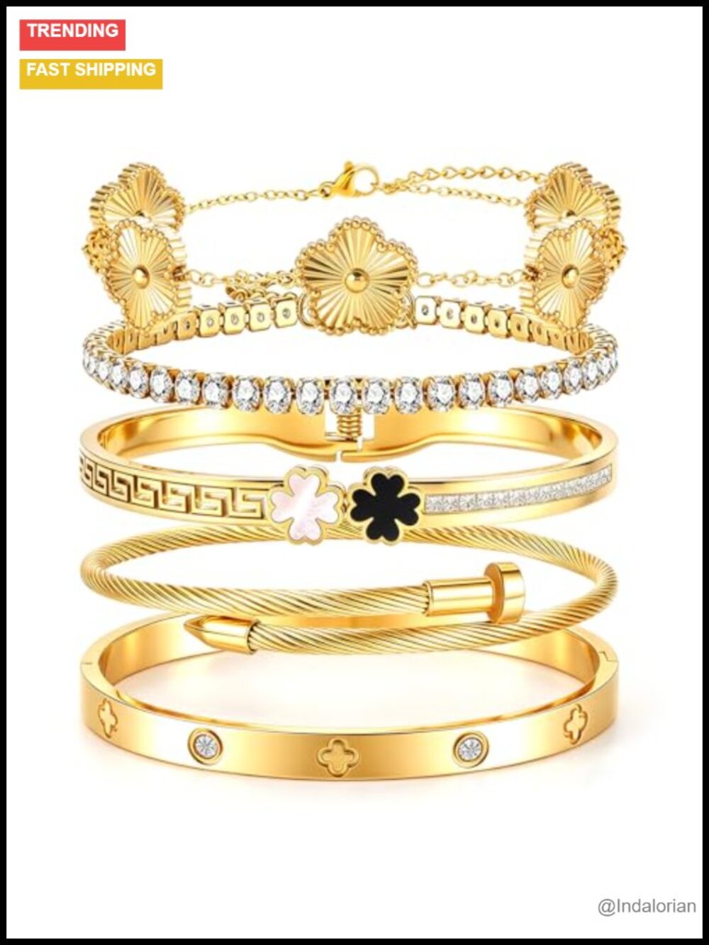 Stainless Steel Bangle Bracelet Set Stackable Clover Charm